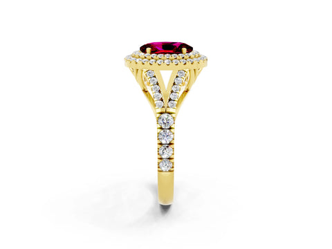 Yellow gold Double Halo Oval Cut Garnet Pavé Split Shank Ring with Prong Setting_2