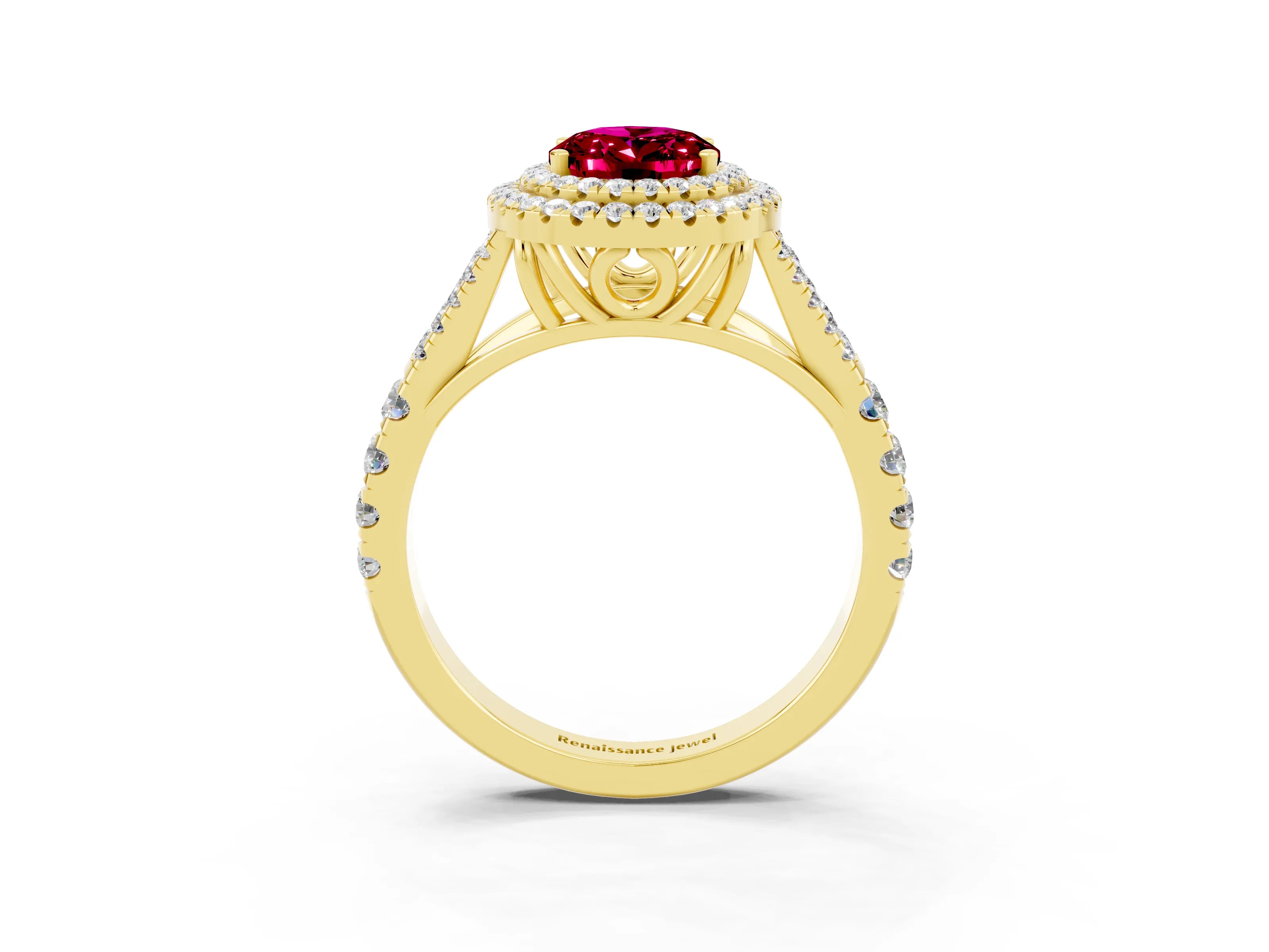 Yellow gold Double Halo Oval Cut Garnet Pavé Split Shank Ring with Prong Setting_3