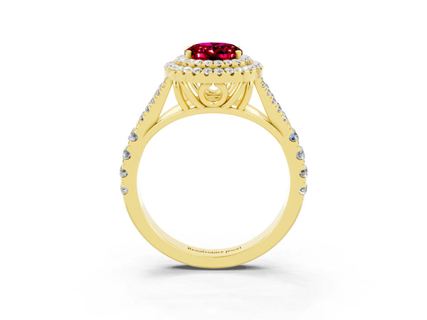 Yellow gold Double Halo Oval Cut Garnet Pavé Split Shank Ring with Prong Setting