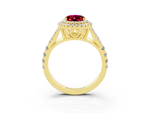 Yellow gold Double Halo Oval Cut Garnet Pavé Split Shank Ring with Prong Setting_3