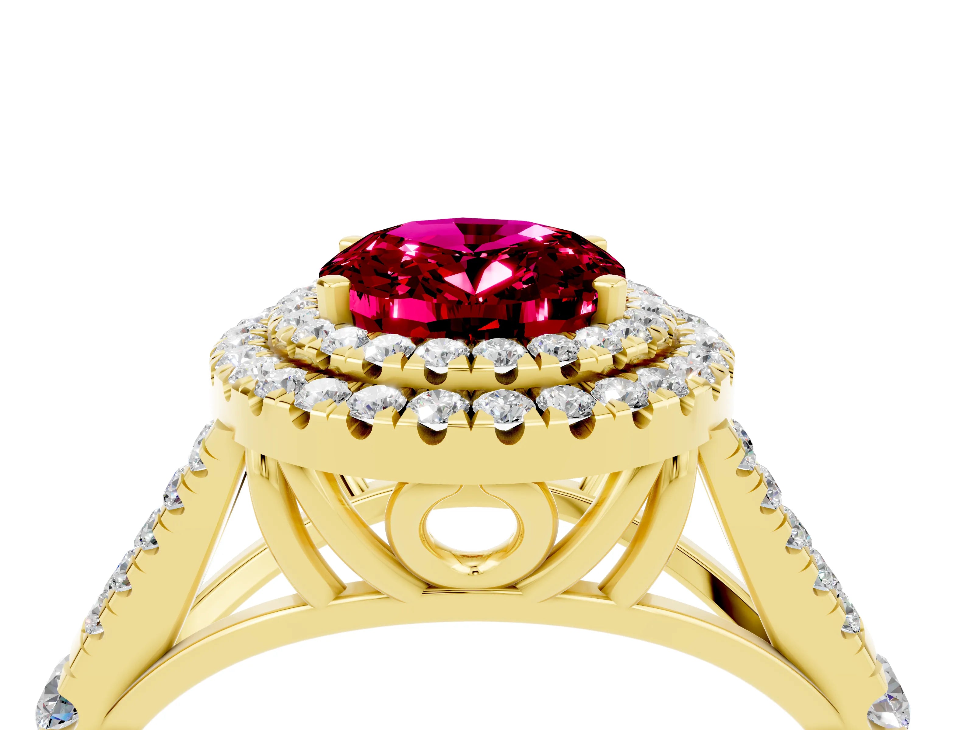 Yellow gold Double Halo Oval Cut Garnet Pavé Split Shank Ring with Prong Setting_4