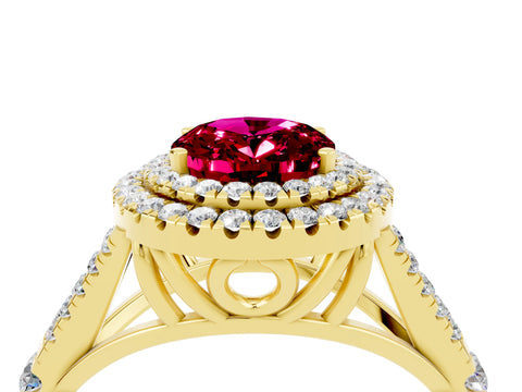 Yellow gold Double Halo Oval Cut Garnet Pavé Split Shank Ring with Prong Setting_4