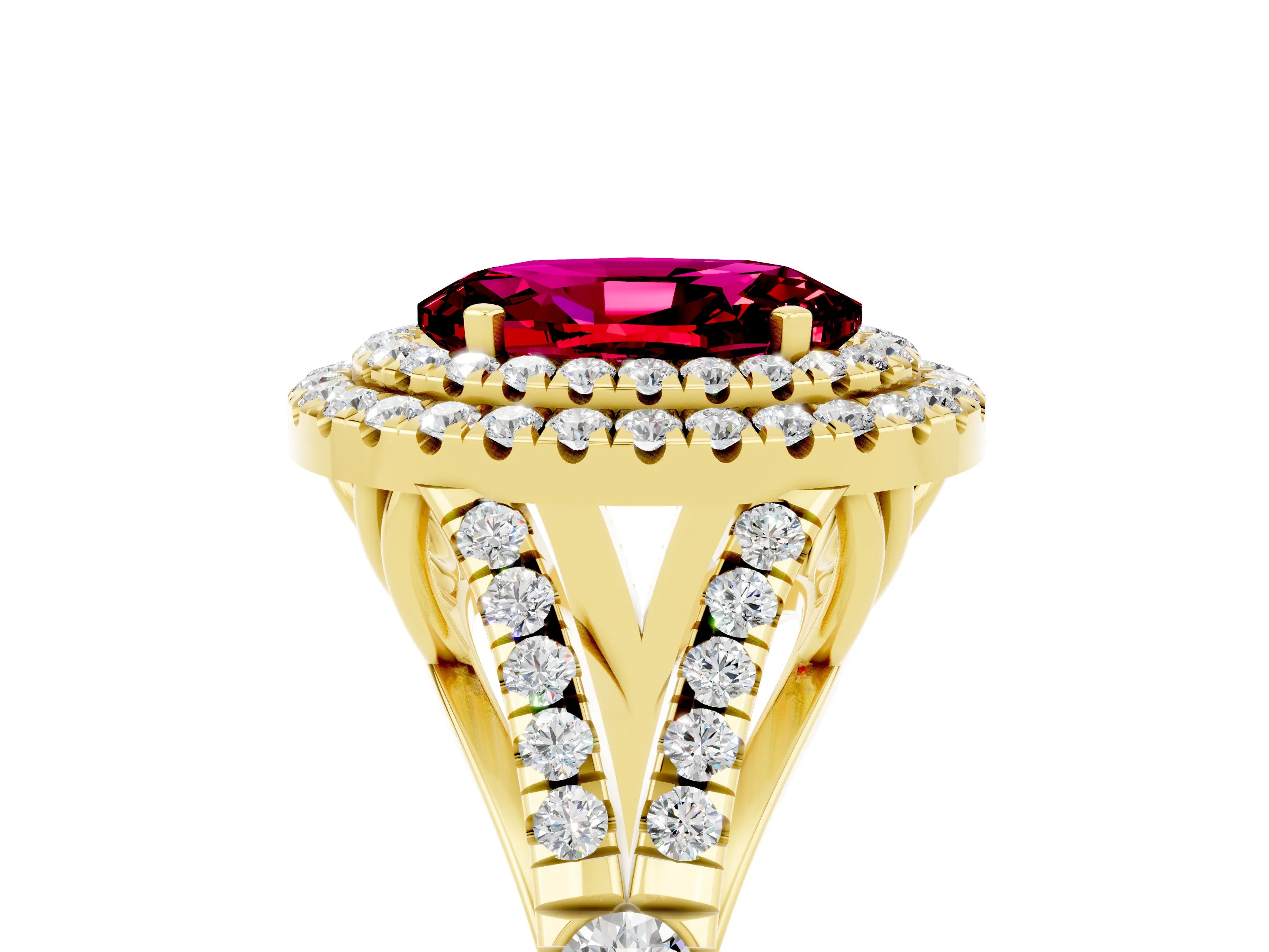 Yellow gold Double Halo Oval Cut Garnet Pavé Split Shank Ring with Prong Setting_5