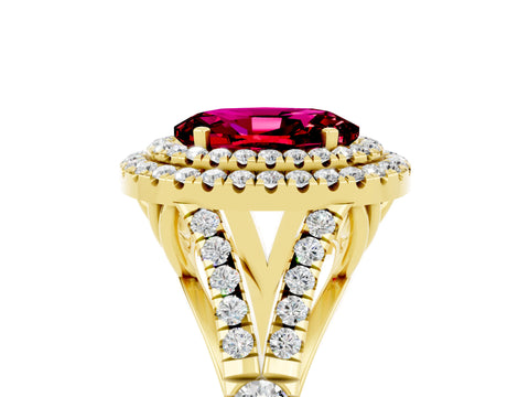Yellow gold Double Halo Oval Cut Garnet Pavé Split Shank Ring with Prong Setting_5