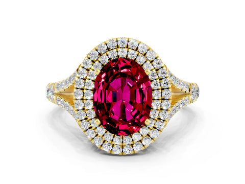 Yellow gold Double Halo Oval Cut Garnet Pavé Split Shank Ring with Prong Setting