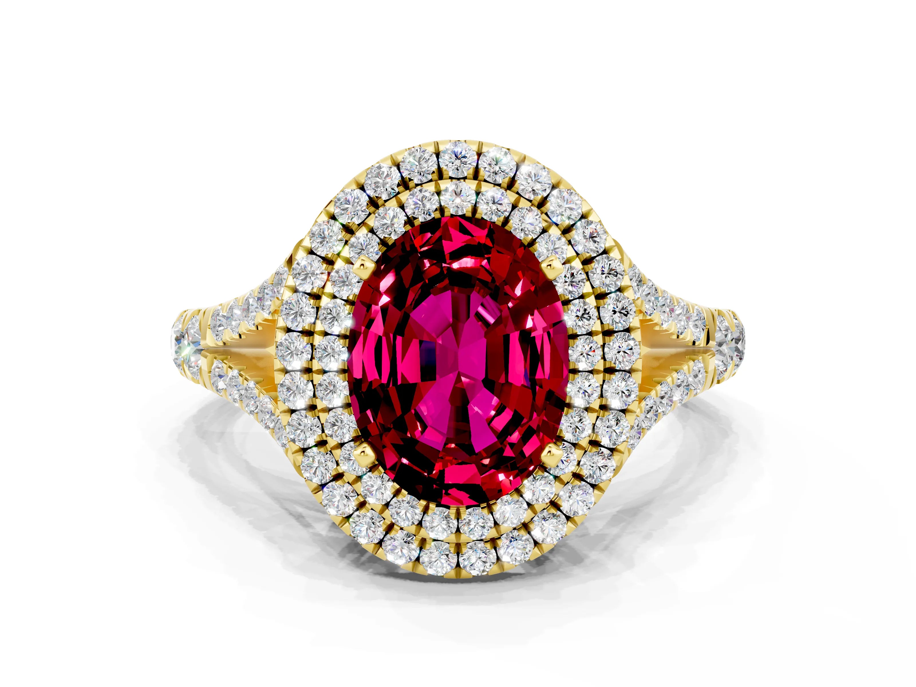 Yellow gold Double Halo Oval Cut Garnet Split Shank Engagement Ring with Four-Prong Setting