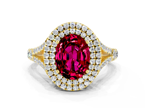 Yellow gold Double Halo Oval Cut Garnet Split Shank Engagement Ring with Four-Prong Setting