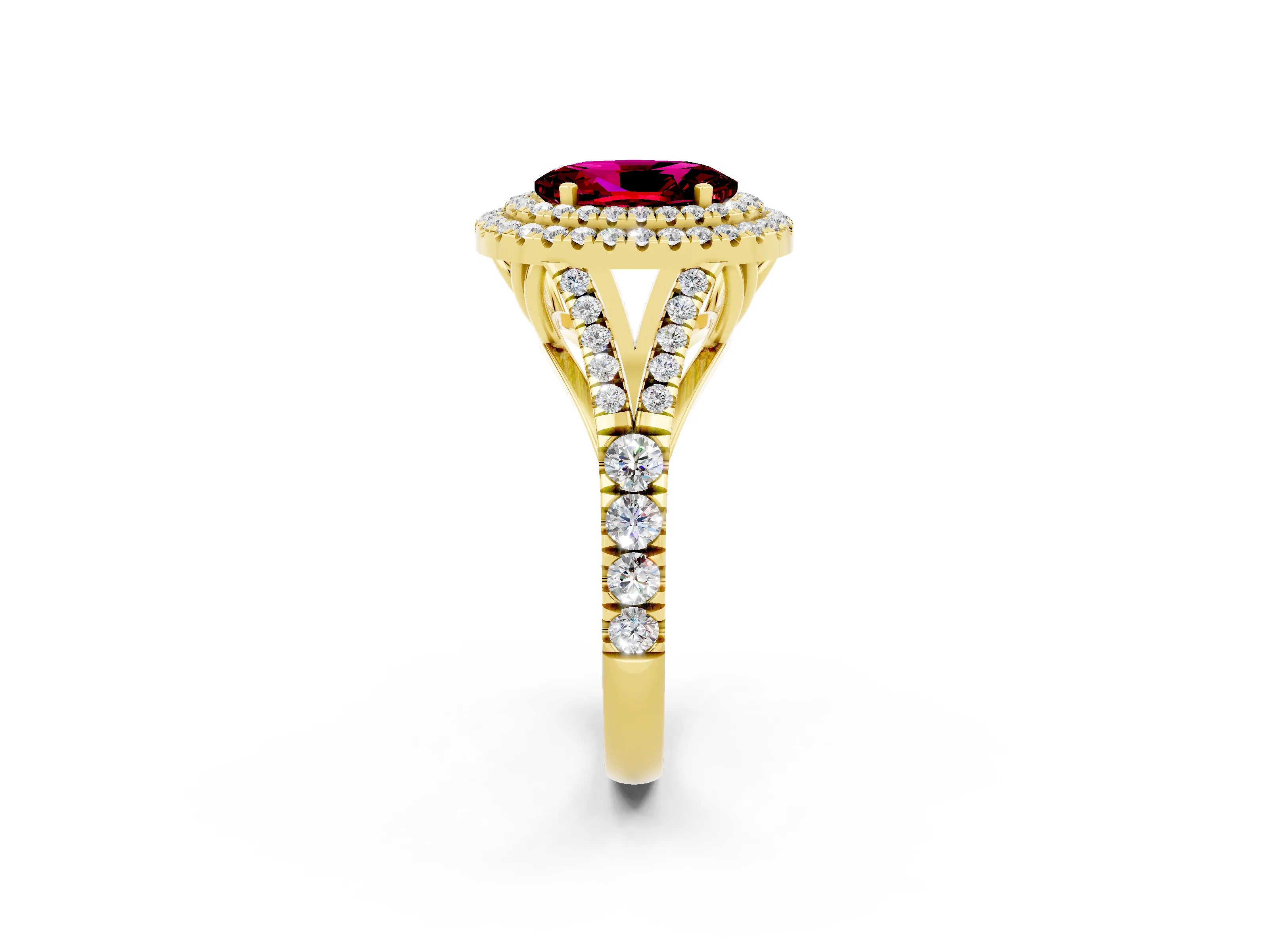 Yellow gold Double Halo Oval Cut Garnet Split Shank Engagement Ring with Four-Prong Setting_2