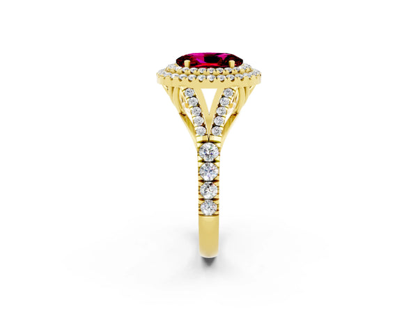 Yellow gold Double Halo Oval Cut Garnet Split Shank Engagement Ring with Four-Prong Setting