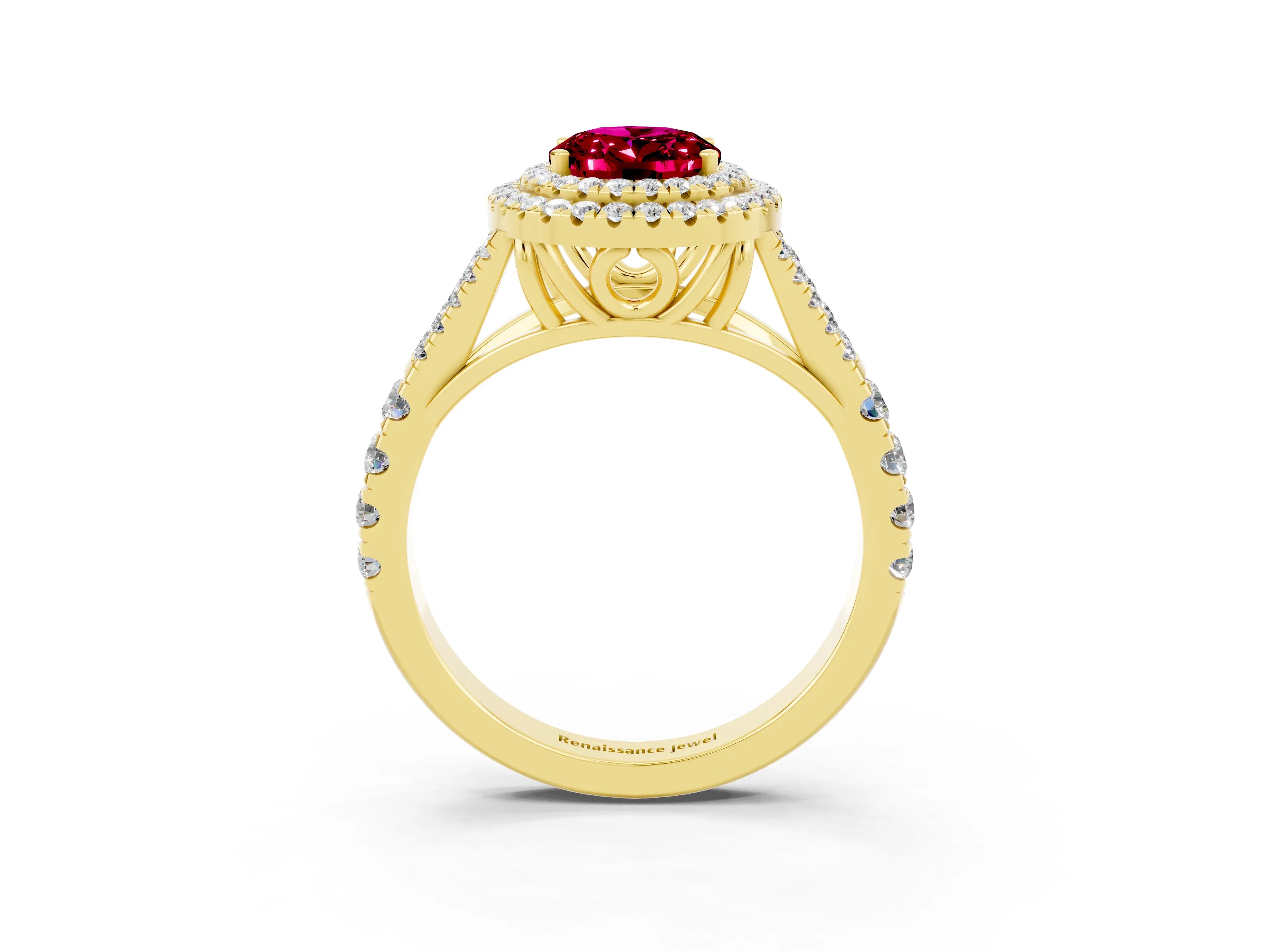 Yellow gold Double Halo Oval Cut Garnet Split Shank Engagement Ring with Four-Prong Setting_3
