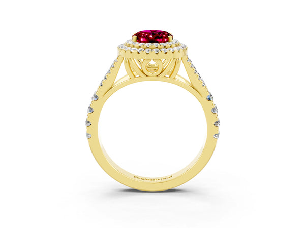 Yellow gold Double Halo Oval Cut Garnet Split Shank Engagement Ring with Four-Prong Setting