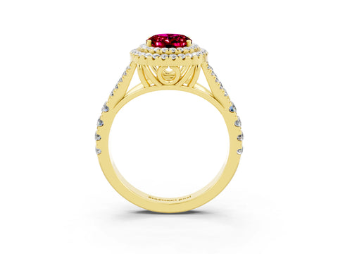 Yellow gold Double Halo Oval Cut Garnet Split Shank Engagement Ring with Four-Prong Setting_3