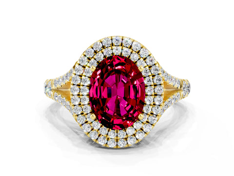Yellow gold Double Halo Oval Cut Garnet Split Shank Engagement Ring with Four-Prong Setting