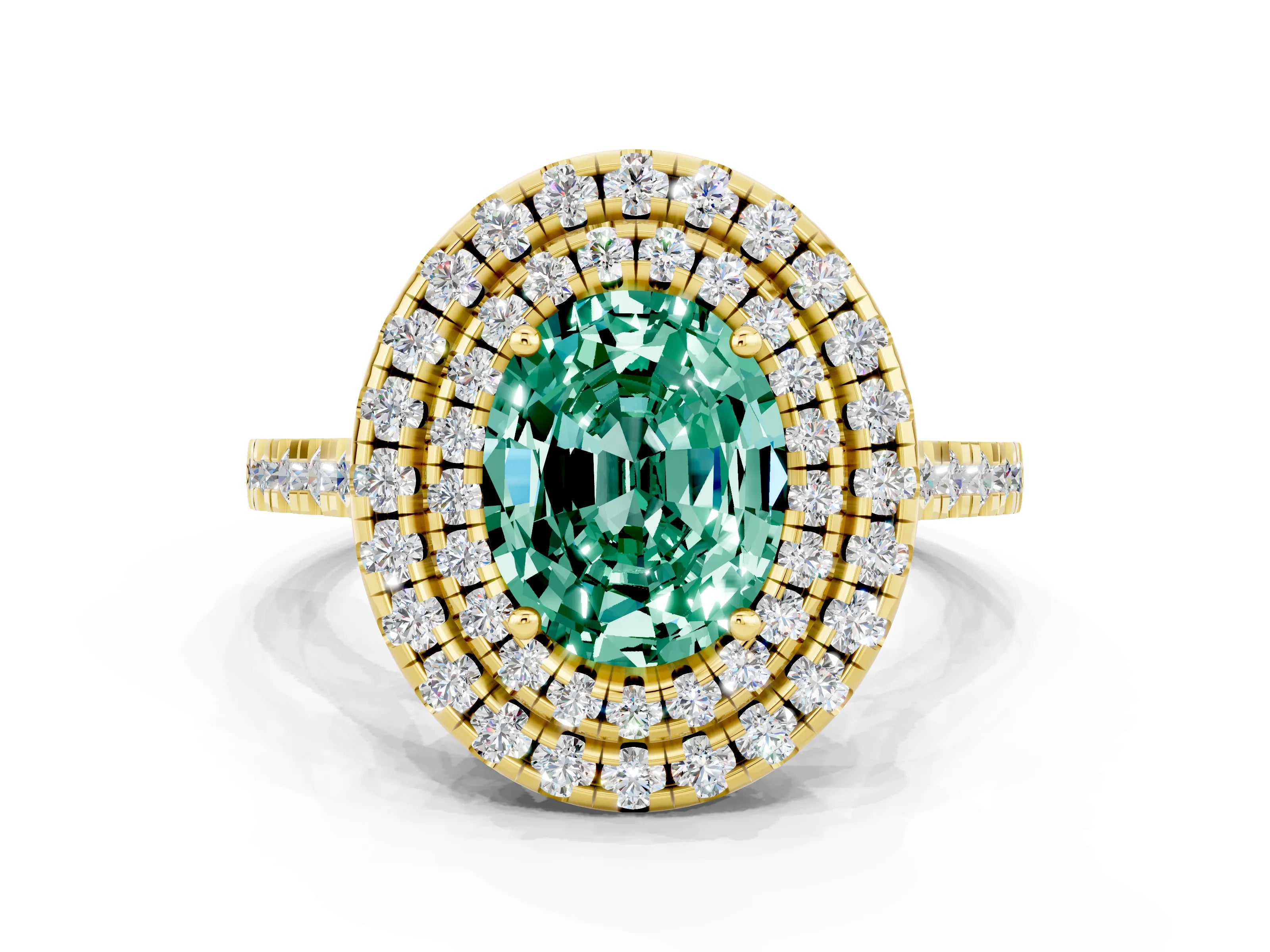 Yellow gold Double Halo Oval Cut Green Sapphire Pavé Band with Four-Prong Setting