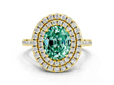 Yellow gold Double Halo Oval Cut Green Sapphire Pavé Band with Four-Prong Setting