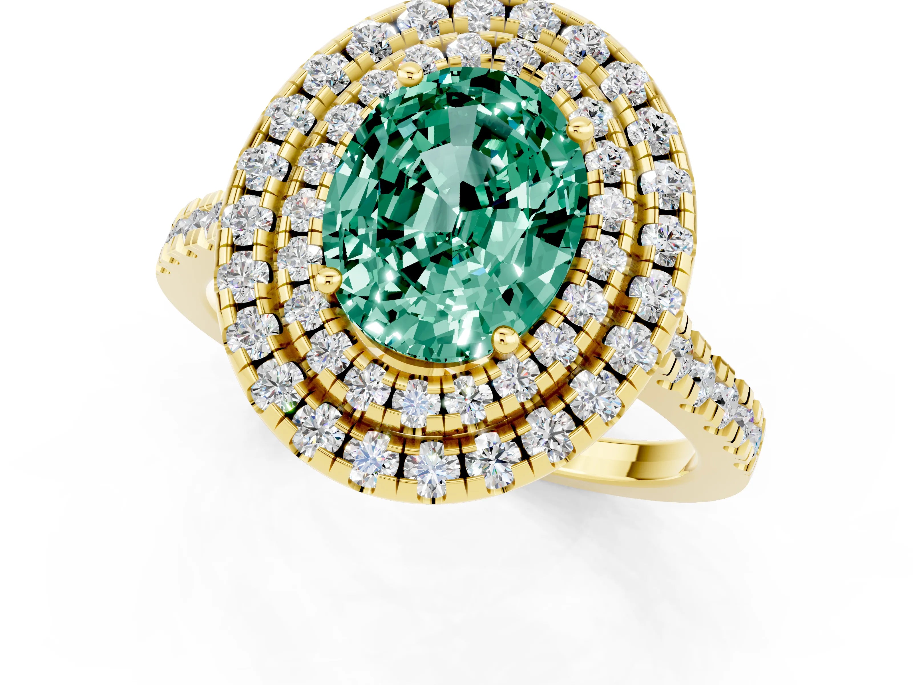 Yellow gold Double Halo Oval Cut Green Sapphire Pavé Band with Four-Prong Setting_1