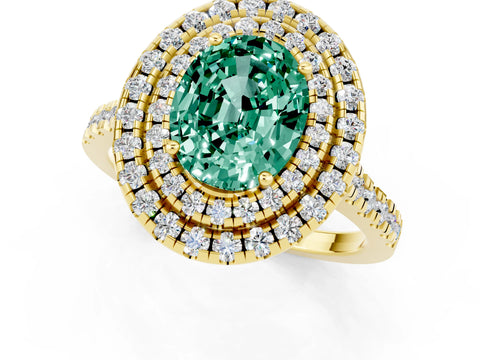 Yellow gold Double Halo Oval Cut Green Sapphire Pavé Band with Four-Prong Setting_1