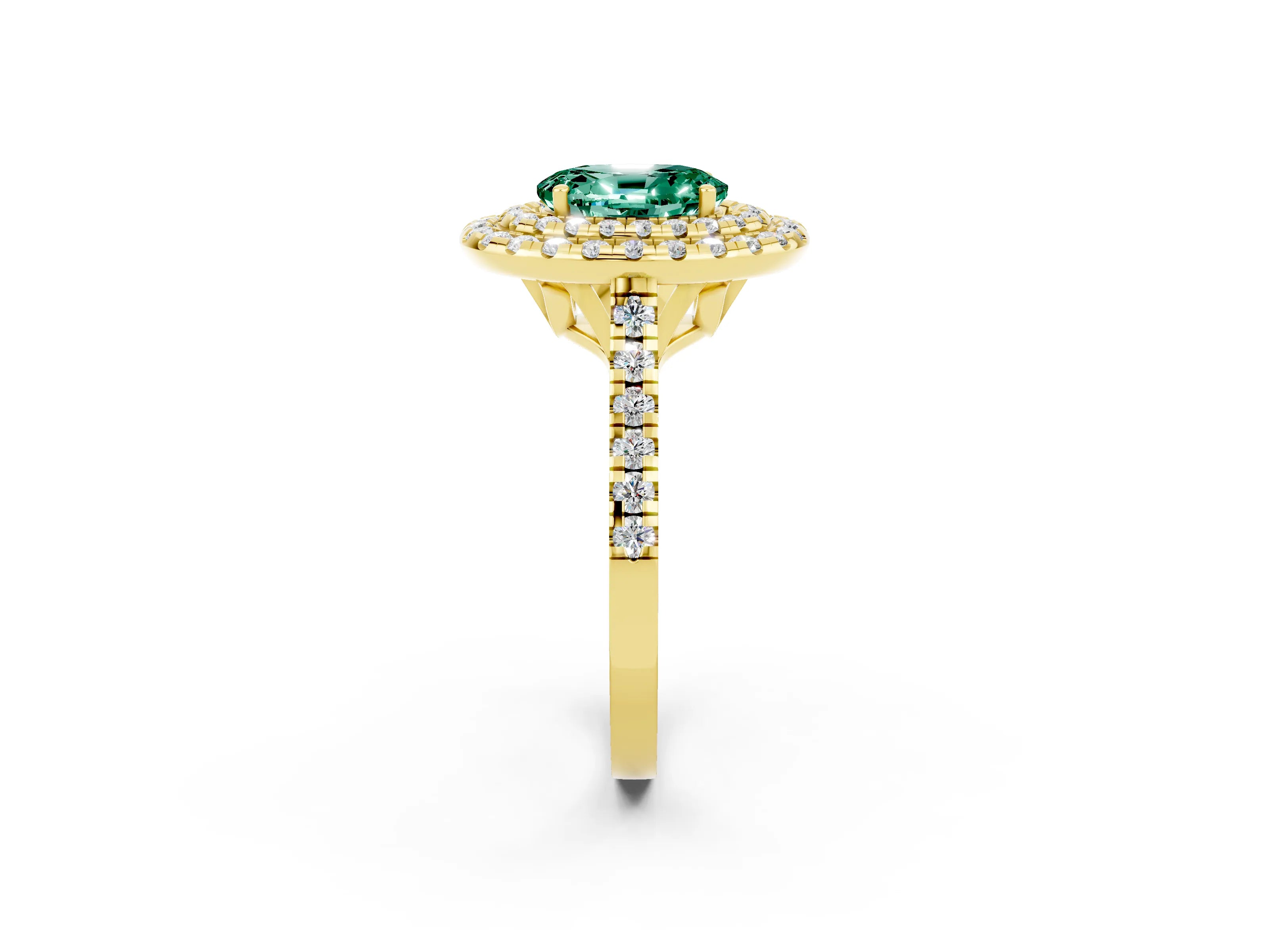Yellow gold Double Halo Oval Cut Green Sapphire Pavé Band with Four-Prong Setting_2