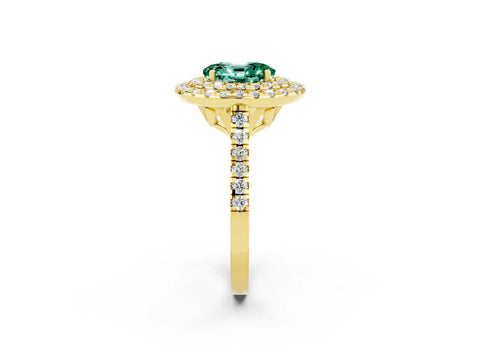 Yellow gold Double Halo Oval Cut Green Sapphire Pavé Band with Four-Prong Setting_2