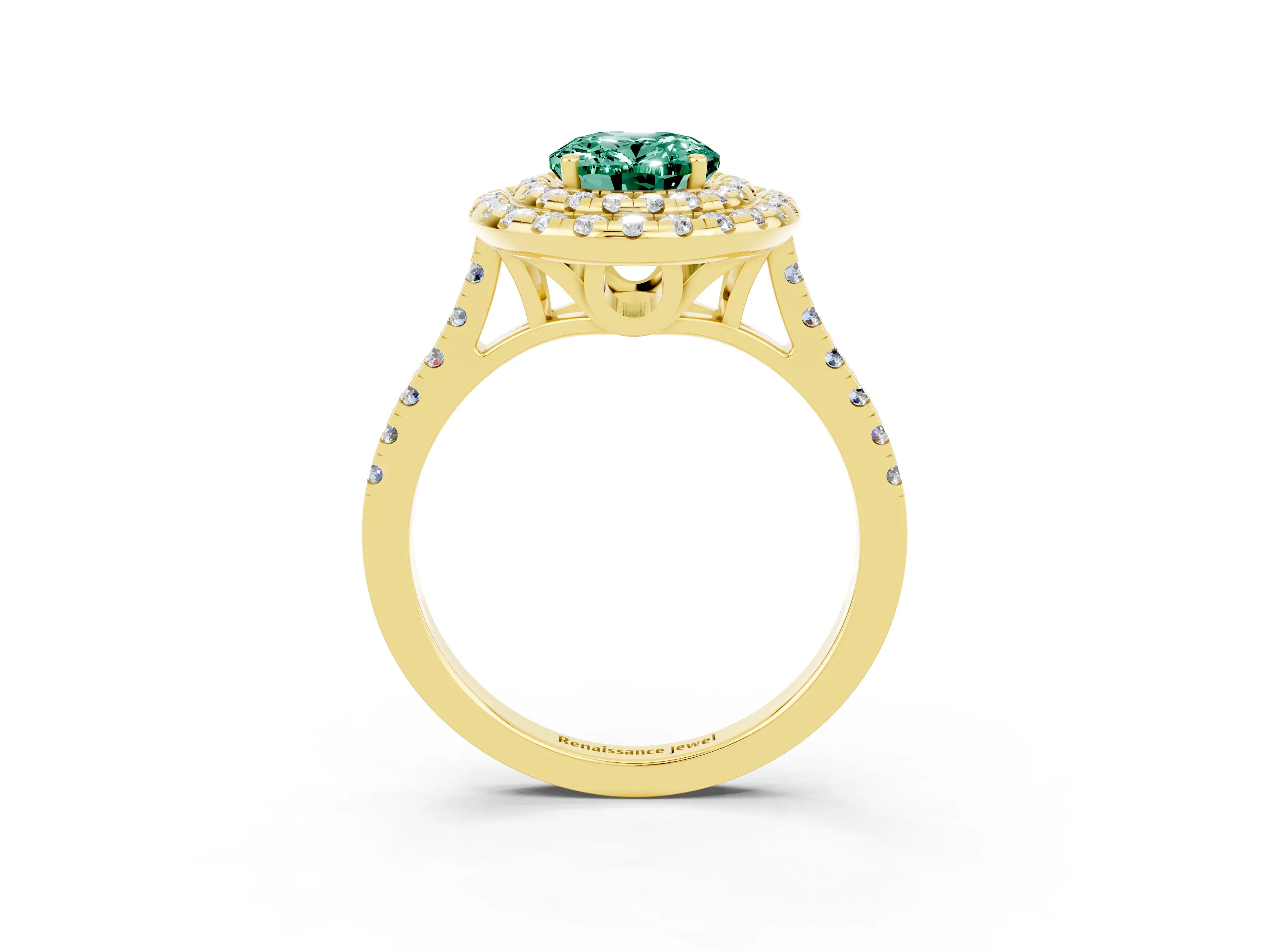 Yellow gold Double Halo Oval Cut Green Sapphire Pavé Band with Four-Prong Setting_3
