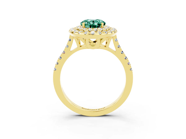 Yellow gold Double Halo Oval Cut Green Sapphire Pavé Band with Four-Prong Setting