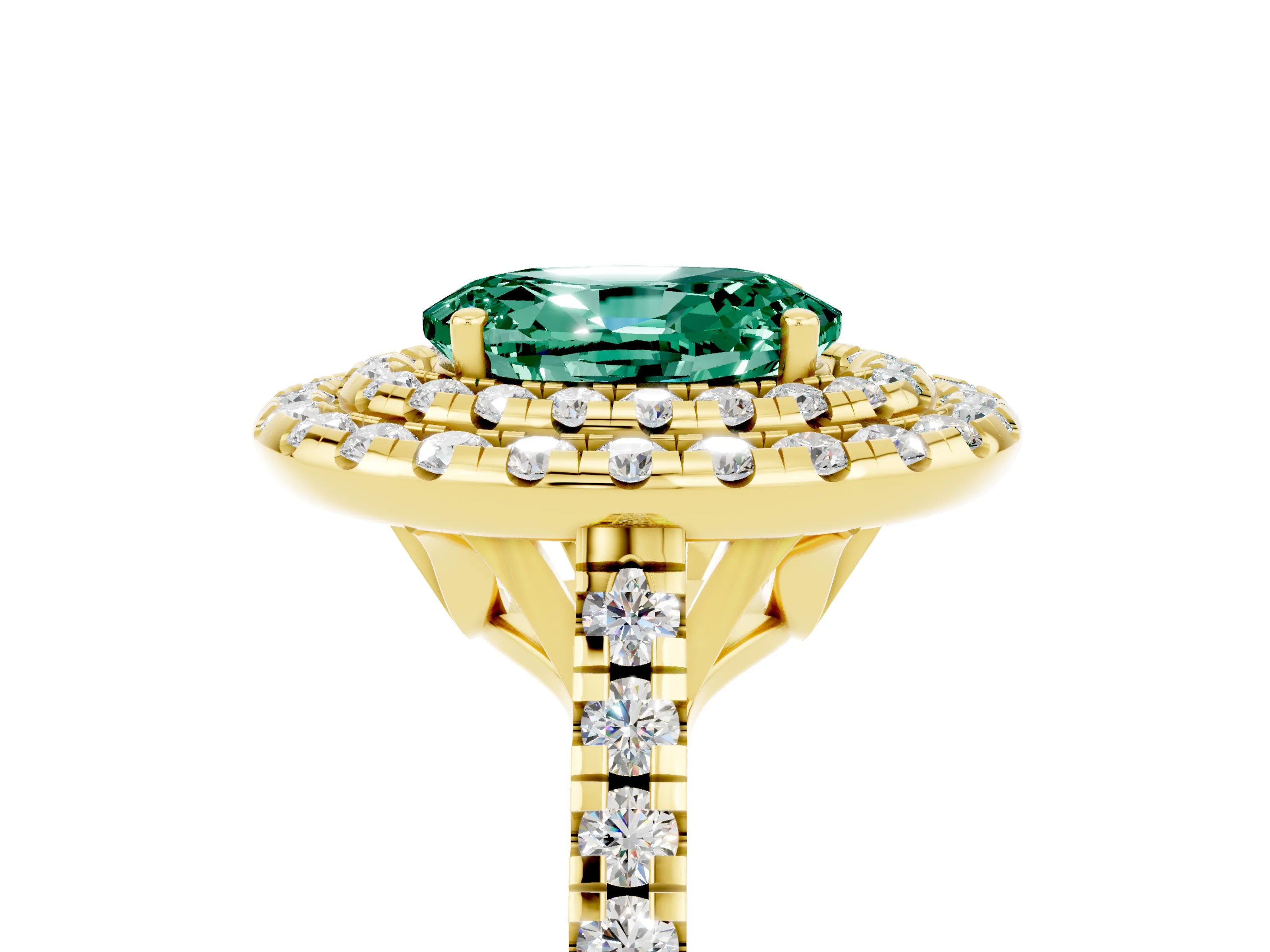 Yellow gold Double Halo Oval Cut Green Sapphire Pavé Band with Four-Prong Setting_5