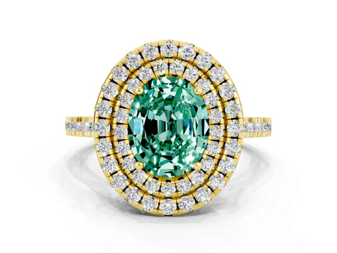 Yellow gold Double Halo Oval Cut Green Sapphire Pavé Band with Four-Prong Setting