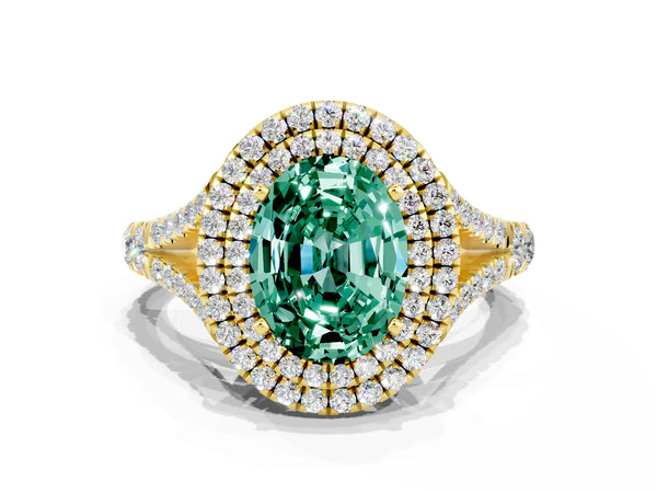 Yellow gold Double Halo Oval Cut Green Sapphire Pavé Split Shank Ring with Prong Setting