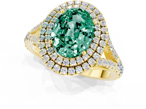 Yellow gold Double Halo Oval Cut Green Sapphire Pavé Split Shank Ring with Prong Setting_1