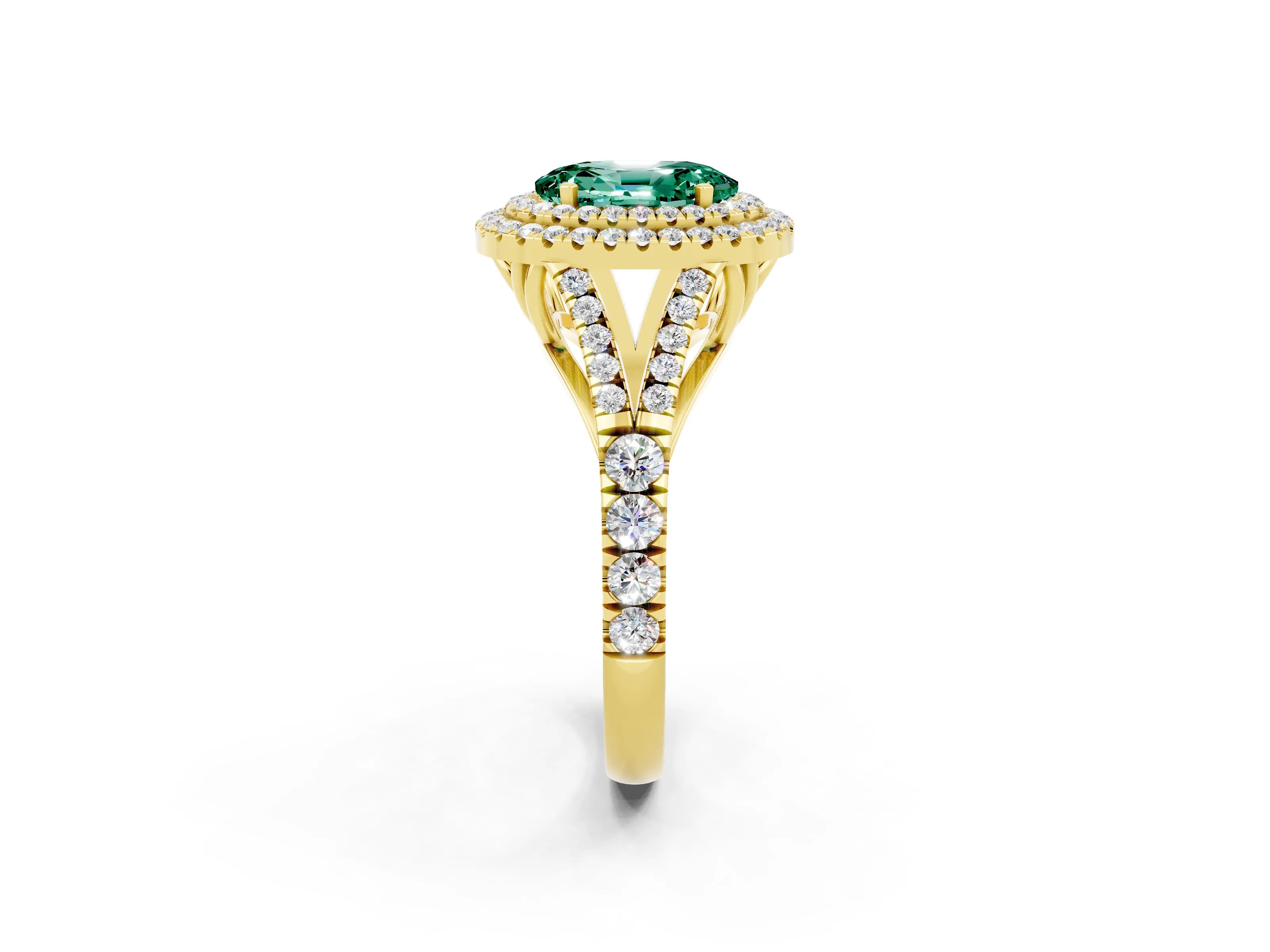 Yellow gold Double Halo Oval Cut Green Sapphire Pavé Split Shank Ring with Prong Setting_2