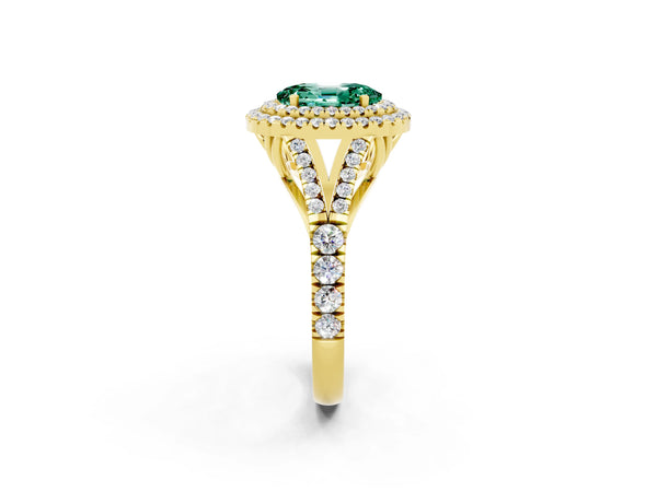 Yellow gold Double Halo Oval Cut Green Sapphire Pavé Split Shank Ring with Prong Setting
