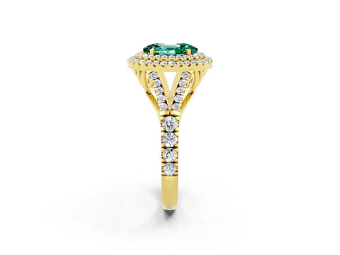 Yellow gold Double Halo Oval Cut Green Sapphire Pavé Split Shank Ring with Prong Setting_2