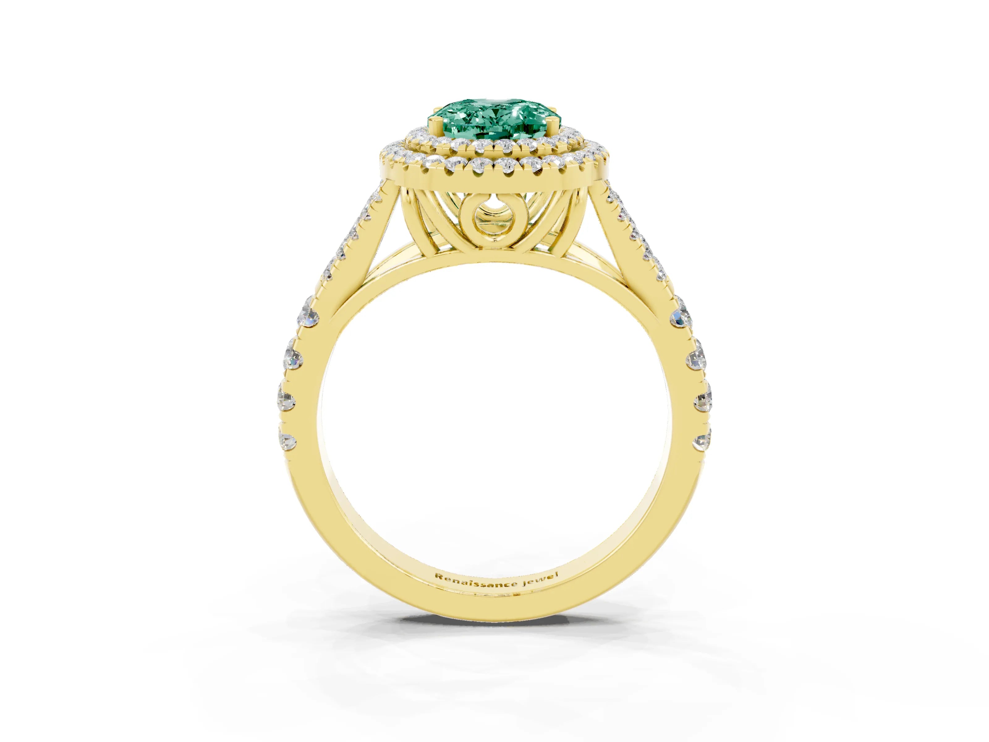 Yellow gold Double Halo Oval Cut Green Sapphire Pavé Split Shank Ring with Prong Setting_3