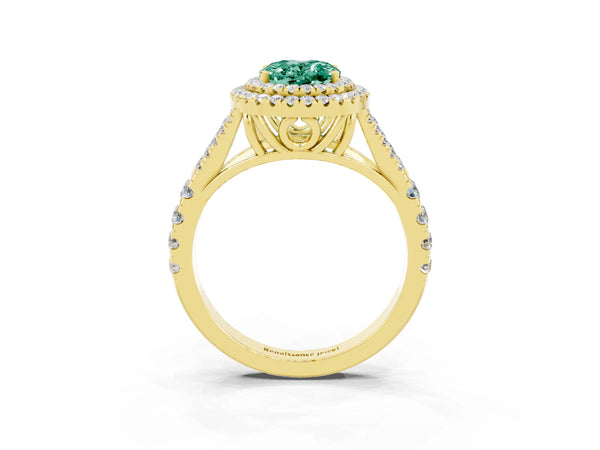 Yellow gold Double Halo Oval Cut Green Sapphire Pavé Split Shank Ring with Prong Setting