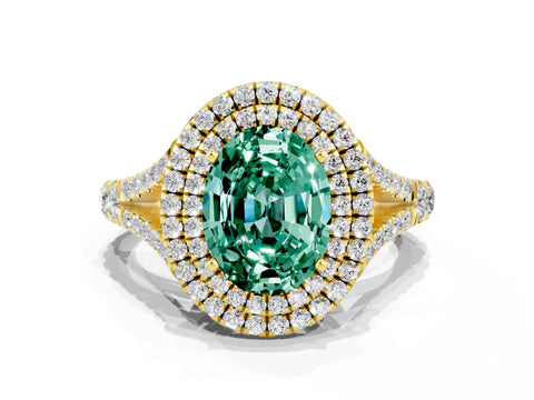 Yellow gold Double Halo Oval Cut Green Sapphire Pavé Split Shank Ring with Prong Setting