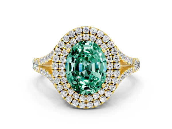 Yellow gold Double Halo Oval Cut Green Sapphire Split Shank Engagement Ring with Four-Prong Setting