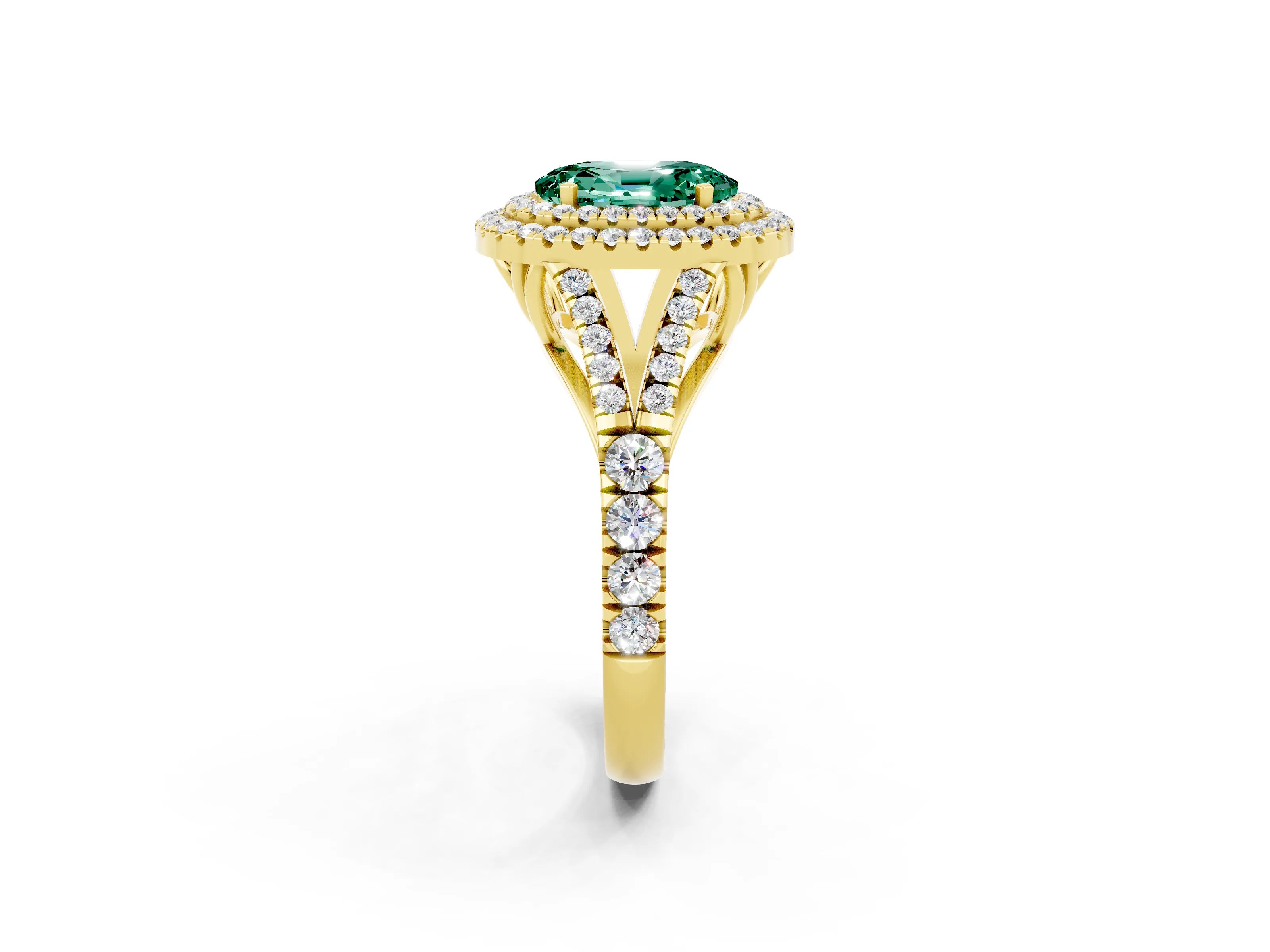 Yellow gold Double Halo Oval Cut Green Sapphire Split Shank Engagement Ring with Four-Prong Setting_2