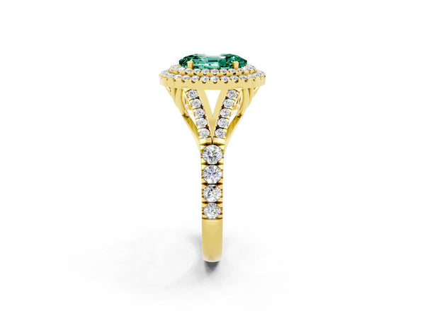 Yellow gold Double Halo Oval Cut Green Sapphire Split Shank Engagement Ring with Four-Prong Setting