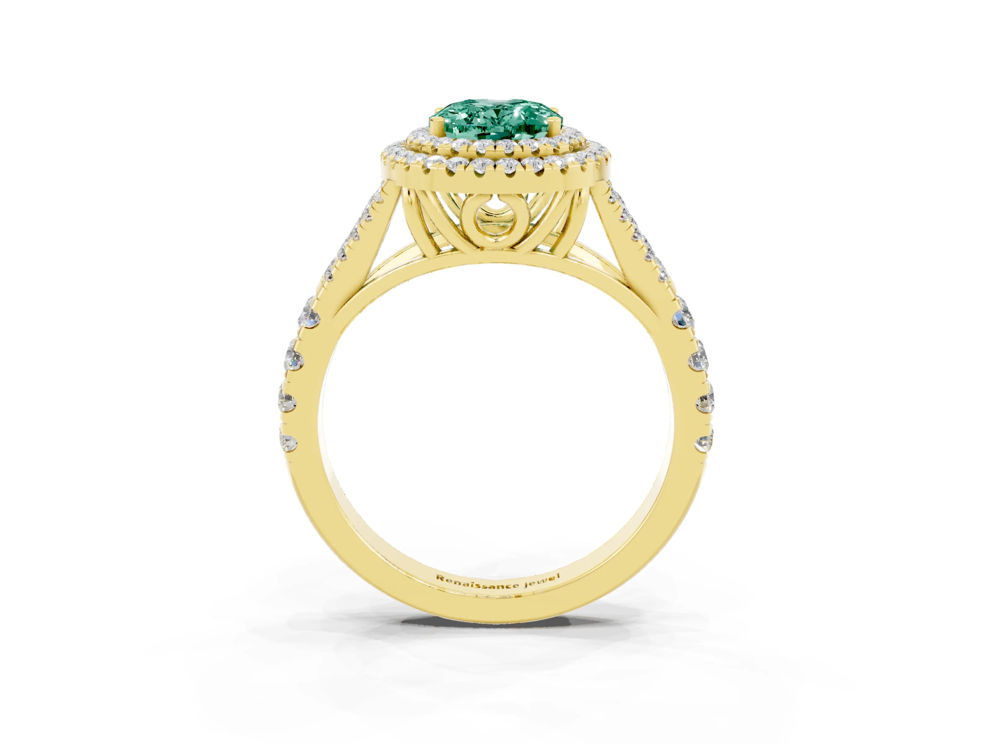 Yellow gold Double Halo Oval Cut Green Sapphire Split Shank Engagement Ring with Four-Prong Setting_3