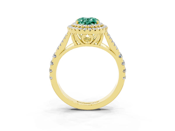 Yellow gold Double Halo Oval Cut Green Sapphire Split Shank Engagement Ring with Four-Prong Setting