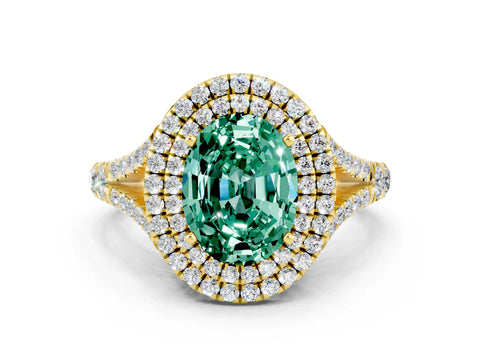 Yellow gold Double Halo Oval Cut Green Sapphire Split Shank Engagement Ring with Four-Prong Setting