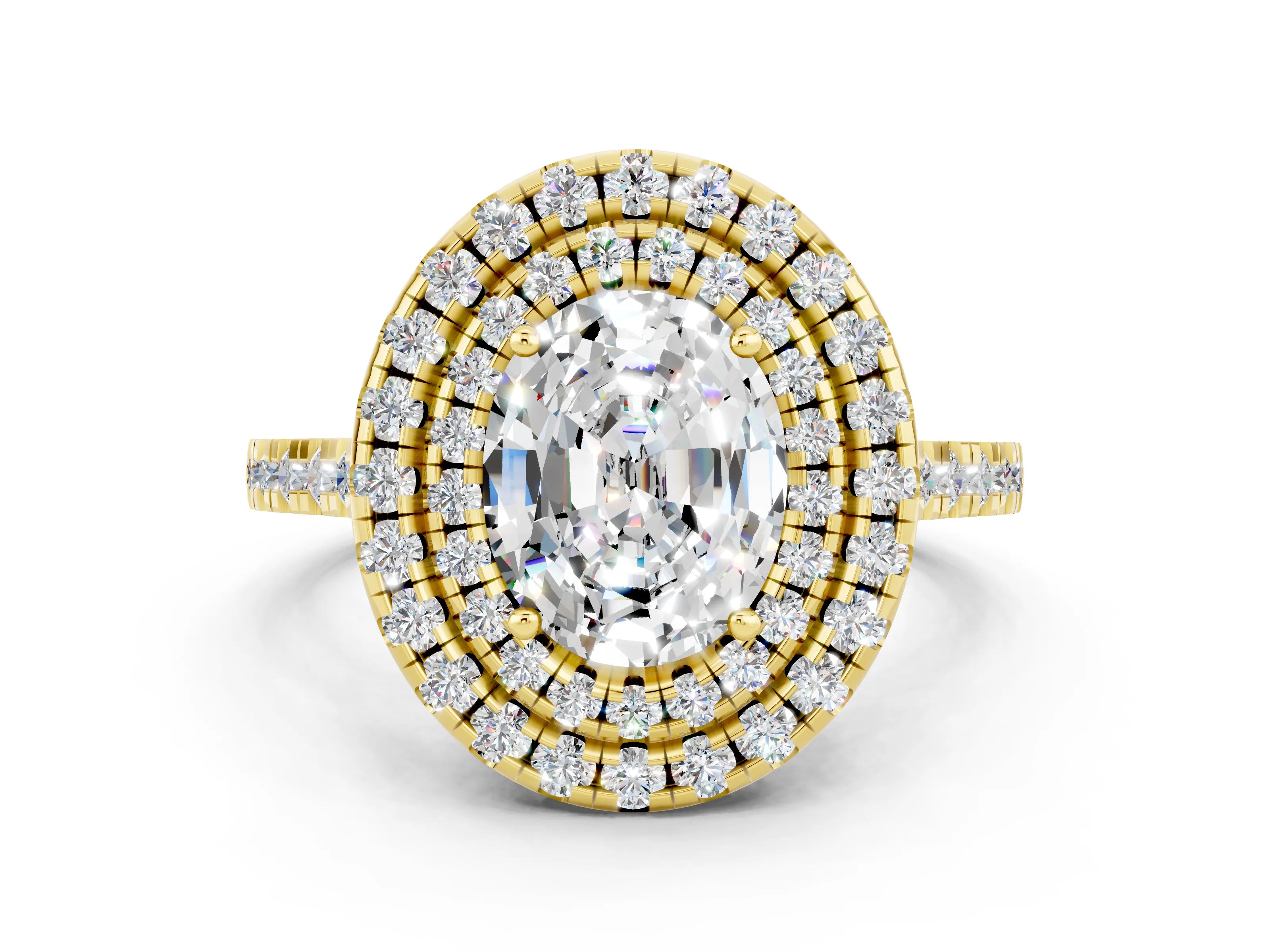 Yellow gold Double Halo Oval Cut Moissanite Pavé Band with Four-Prong Setting