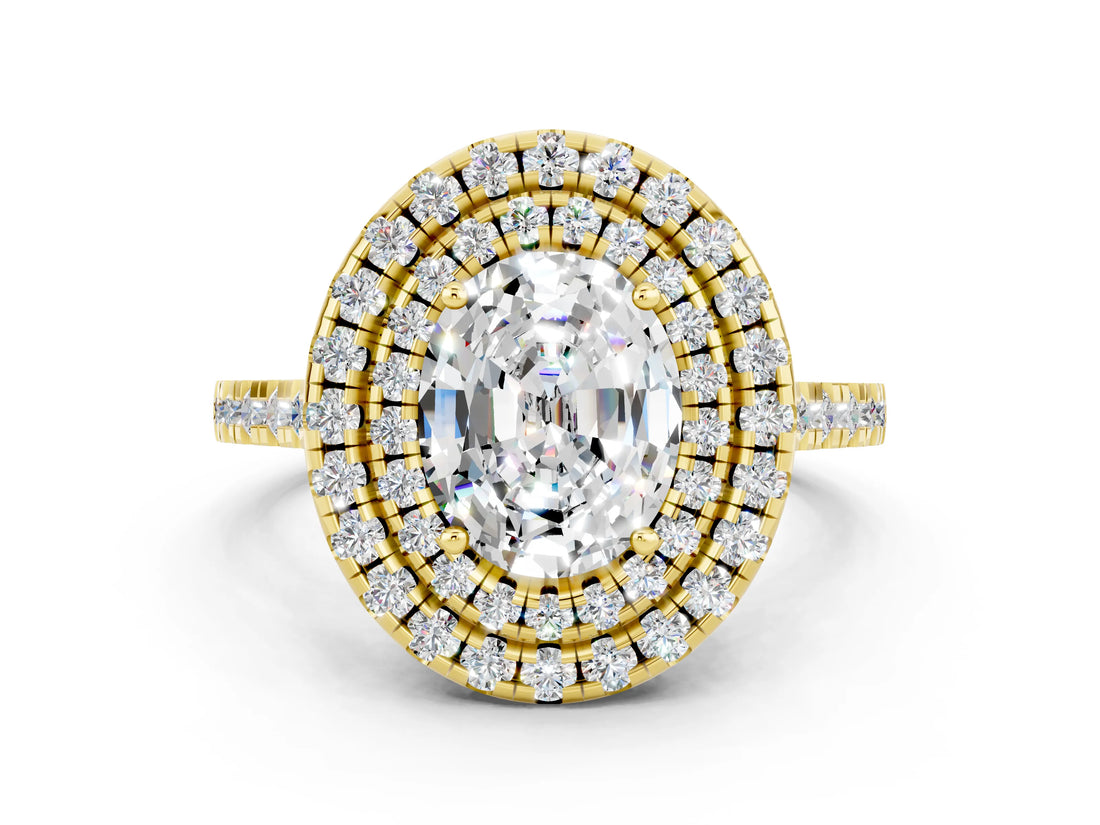 Yellow gold Double Halo Oval Cut Moissanite Pavé Band with Four-Prong Setting
