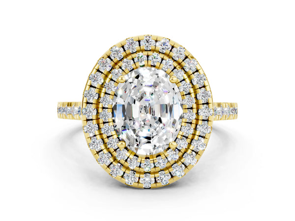 Yellow gold Double Halo Oval Cut Moissanite Pavé Band with Four-Prong Setting