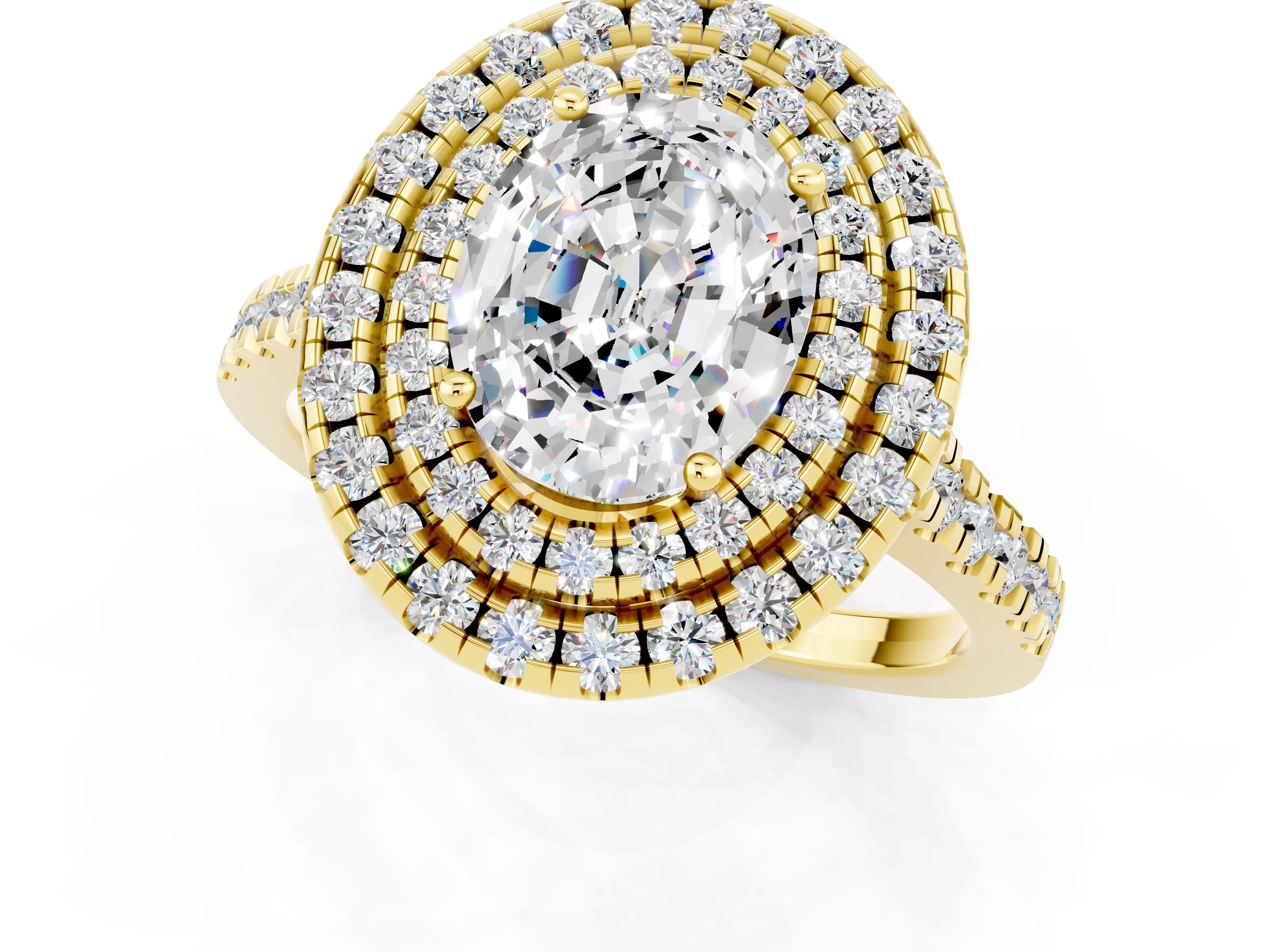 Yellow gold Double Halo Oval Cut Moissanite Pavé Band with Four-Prong Setting_1