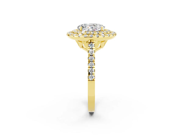 Yellow gold Double Halo Oval Cut Moissanite Pavé Band with Four-Prong Setting
