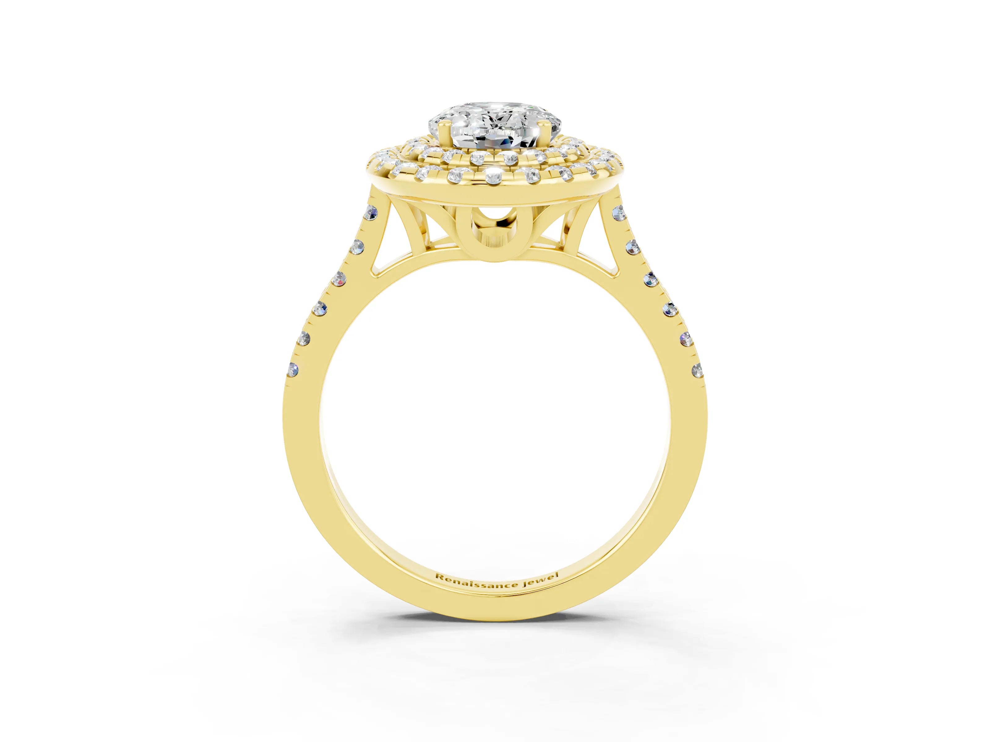 Yellow gold Double Halo Oval Cut Moissanite Pavé Band with Four-Prong Setting_3