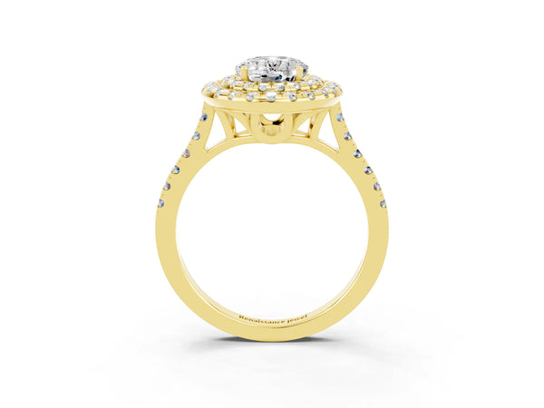 Yellow gold Double Halo Oval Cut Moissanite Pavé Band with Four-Prong Setting