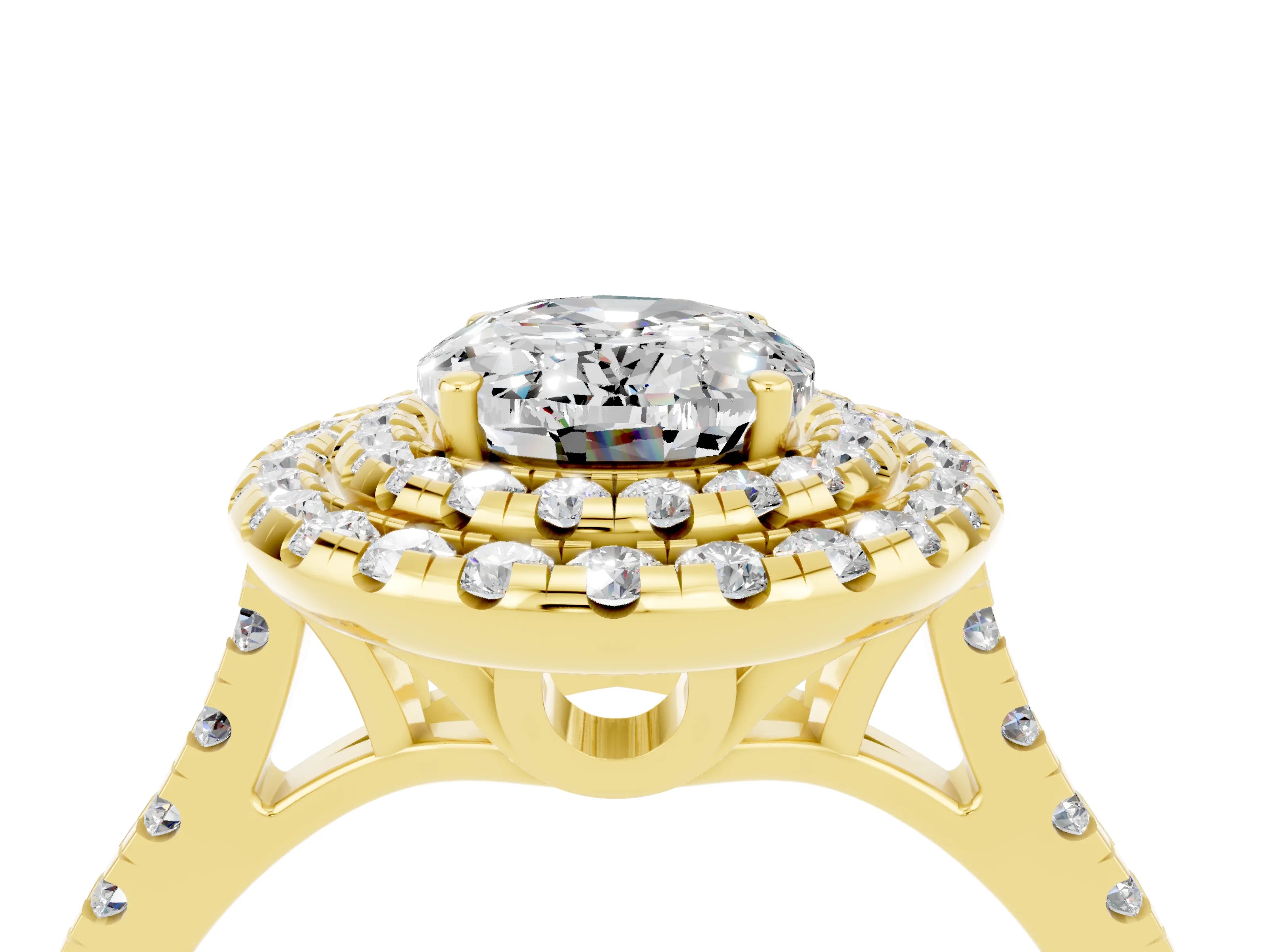 Yellow gold Double Halo Oval Cut Moissanite Pavé Band with Four-Prong Setting_4