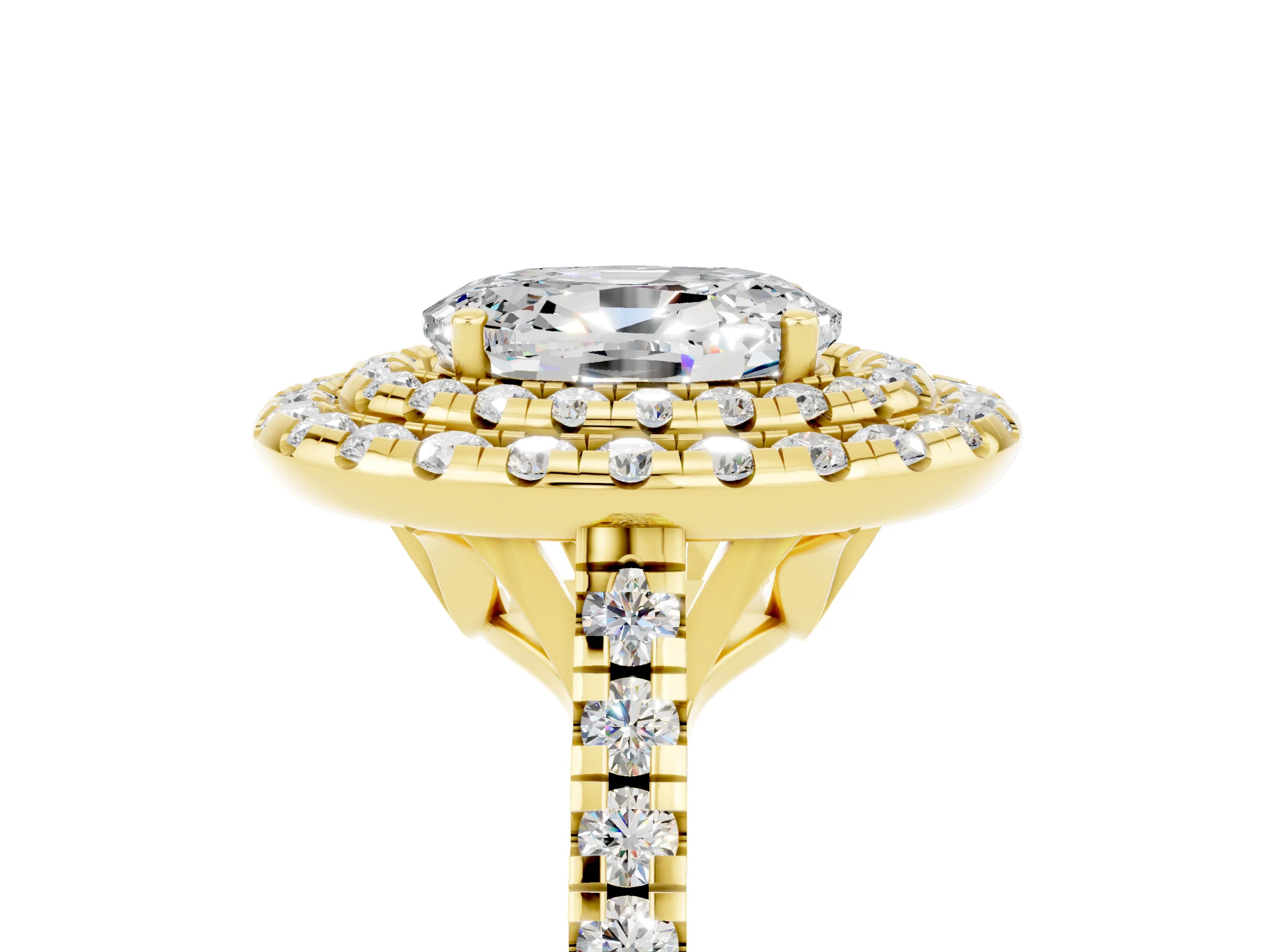 Yellow gold Double Halo Oval Cut Moissanite Pavé Band with Four-Prong Setting_5